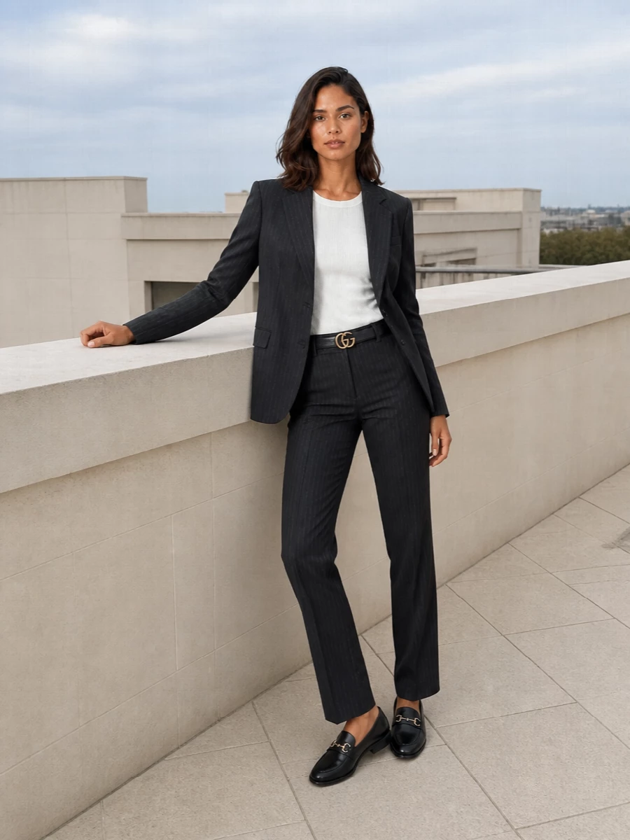Gucci pinstripe suit black leather loafers