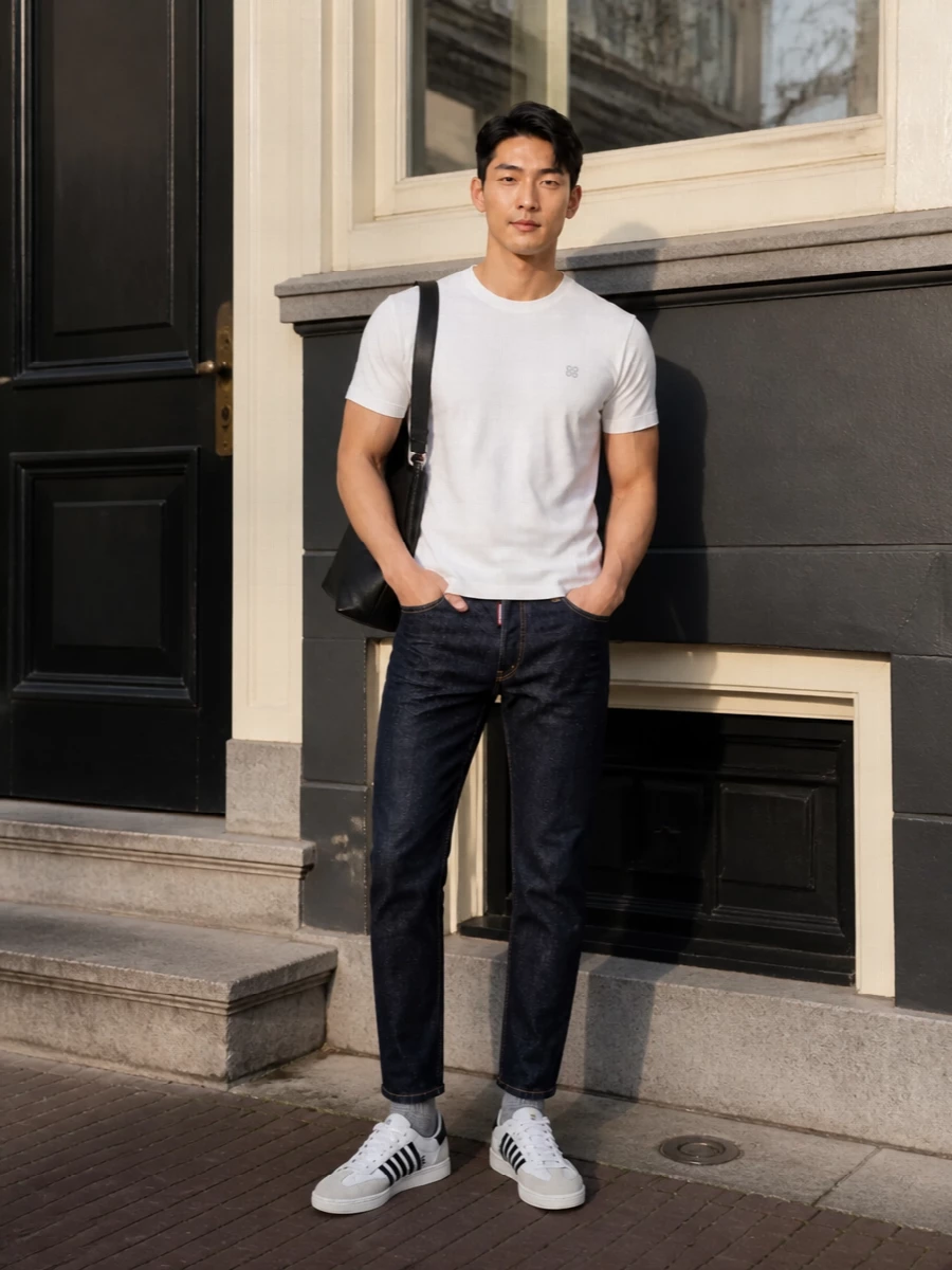 Dsquared2 white tshirt dark indigo jeans outfit