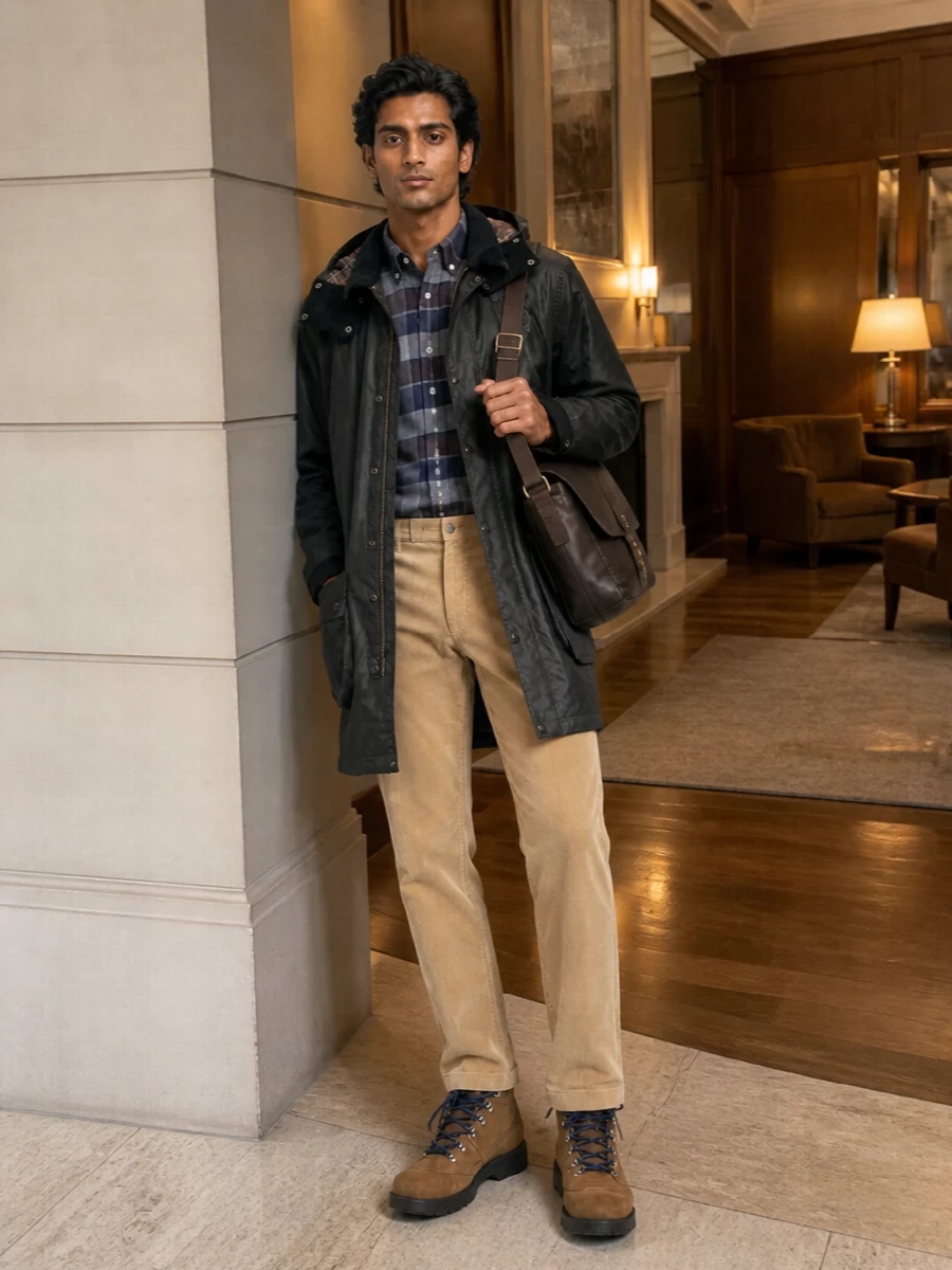 Barbour parka camel corduroy trousers outfit