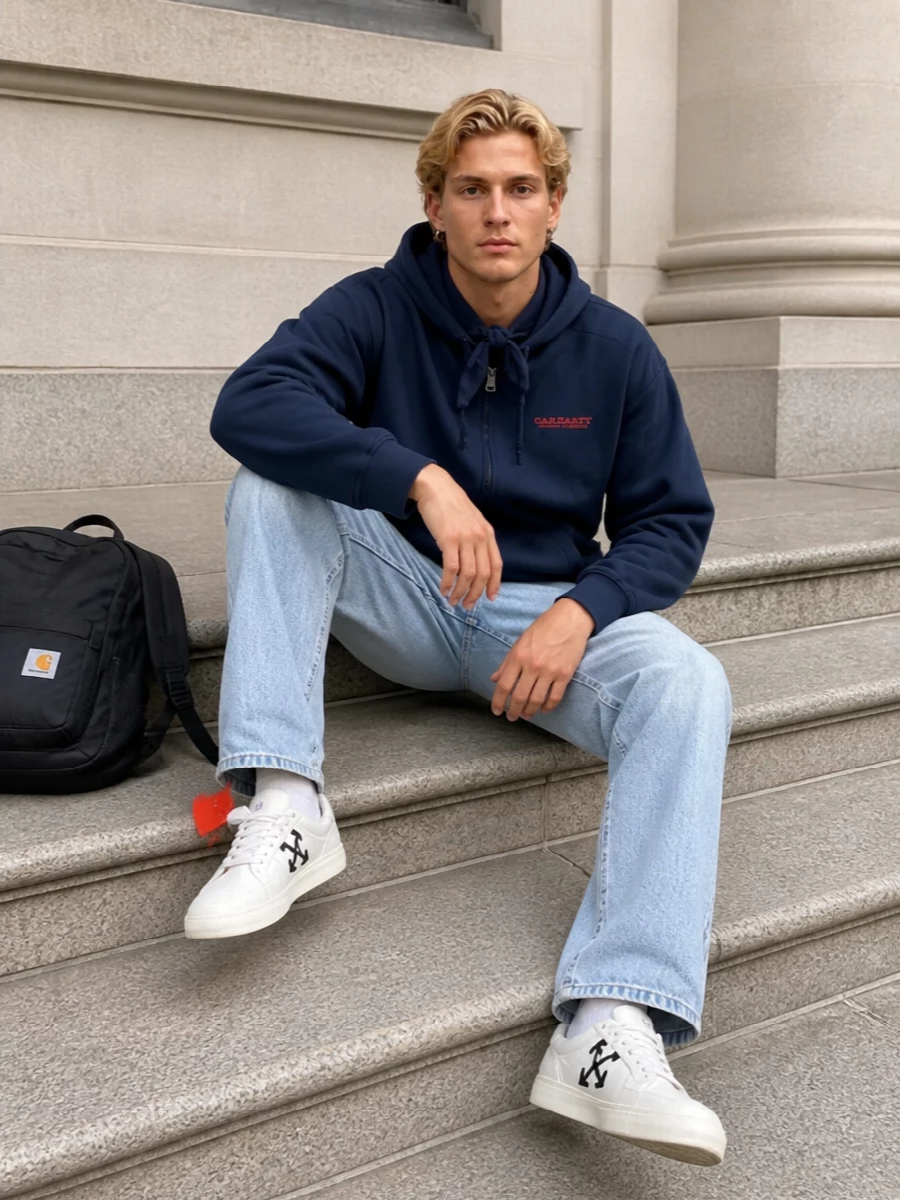 Carhartt hoodie light wash jeans off white sneakers