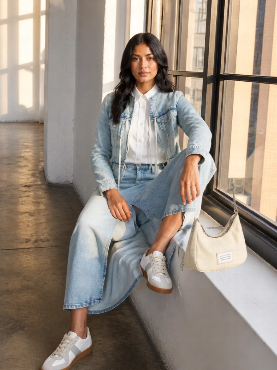 Maison margiela denim jacket maxi skirt outfit