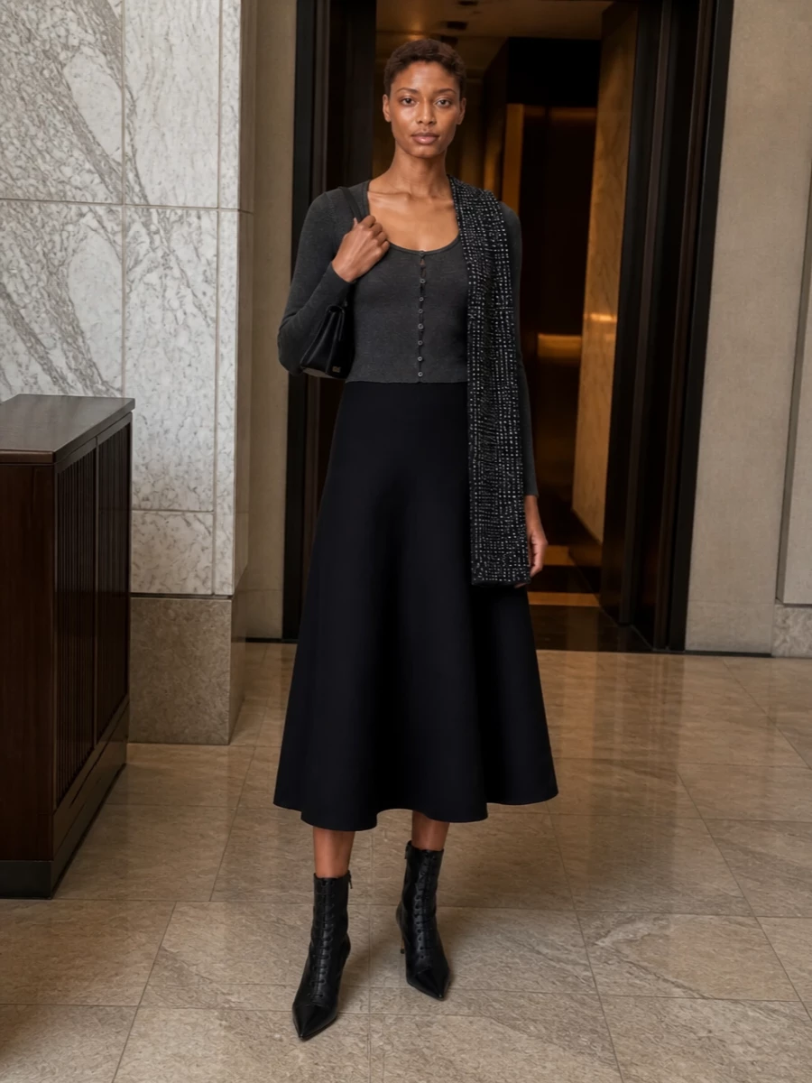Jacquemus cardigan black flared midi skirt outfit