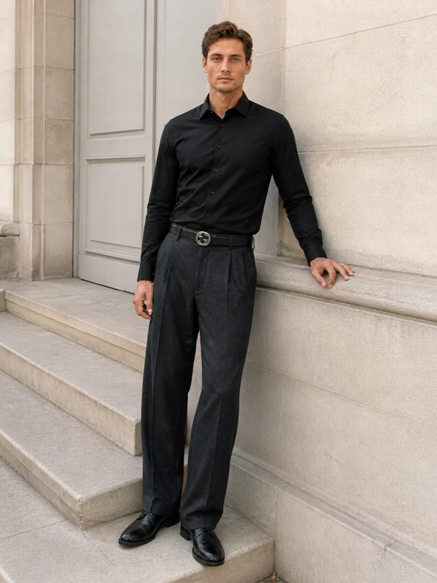 Giorgio armani black shirt charcoal pleated trousers