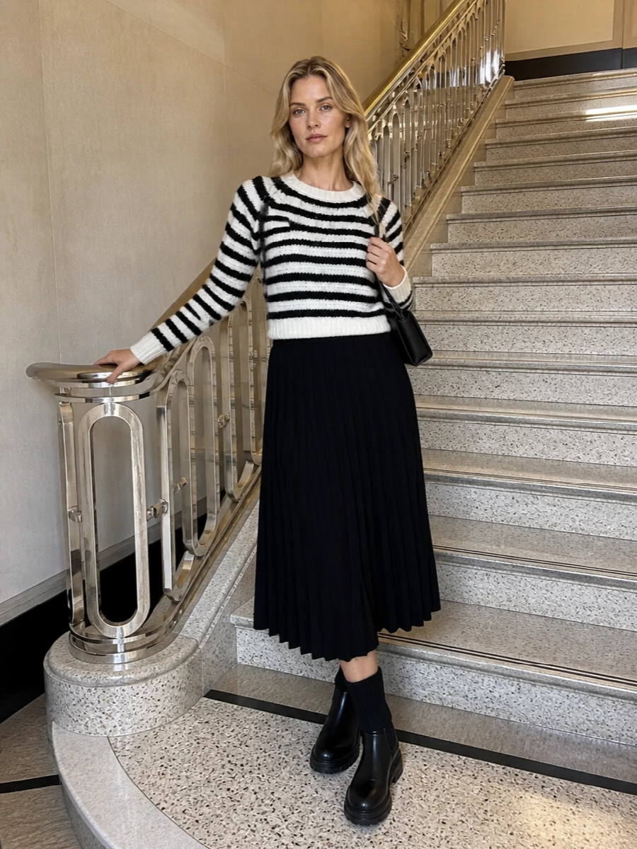 Lisa yang striped sweater black pleated midi outfit
