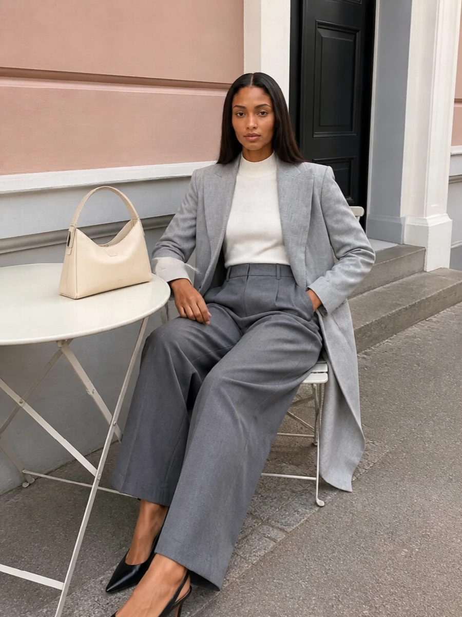 Loulou studio grey coat tailored trousers outfit
