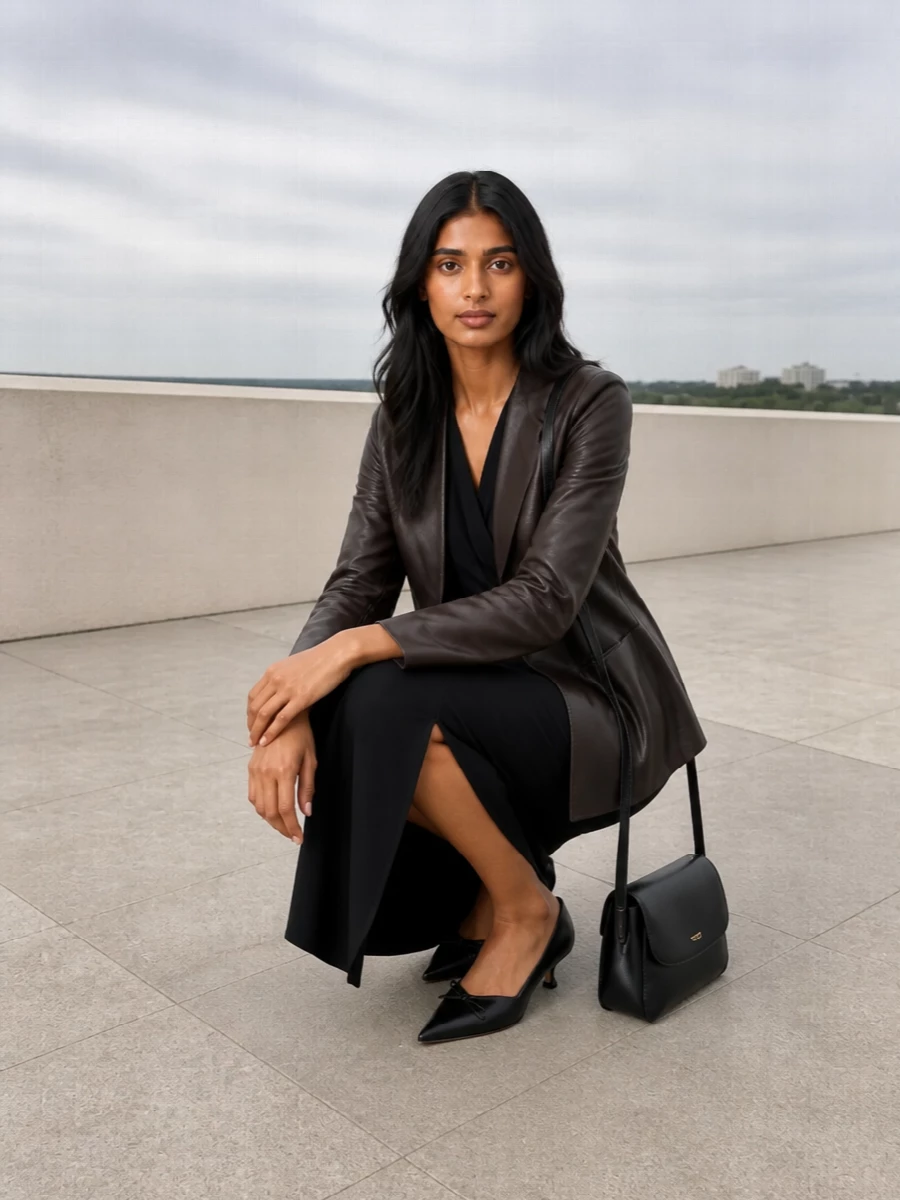 I chose the dress route so the leather blazer becomes a refined evening layer instead of fighting another tailored jacket in the outfit. The black wrap midi, low kitten heel and compact shoulder bag create a long, uninterrupted line where the dark chocolate leather reads as modern armor for dinners, events or sharp city nights. It is a quiet, high-tier Armani story in rich neutrals that feels powerful without noise.