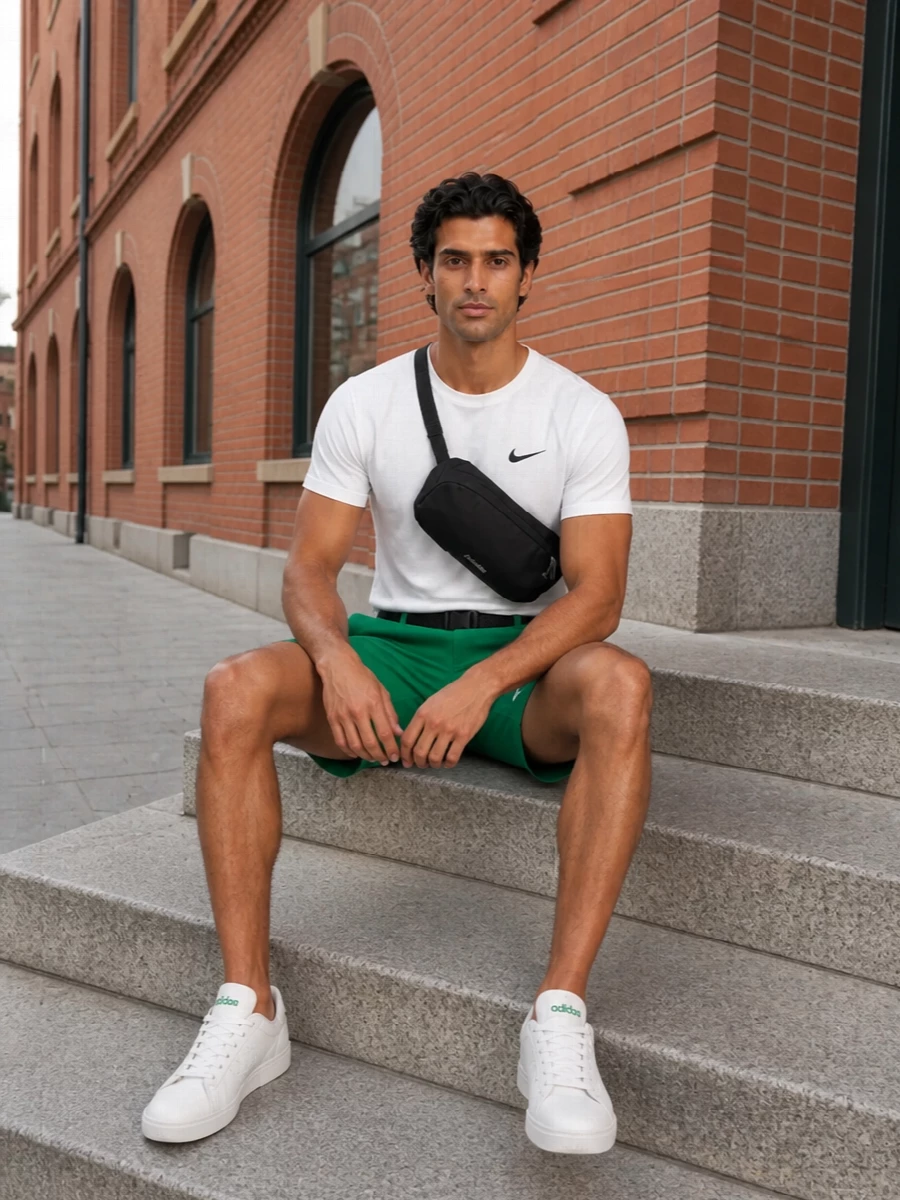 Nike green sport shorts adidas white sneakers outfit