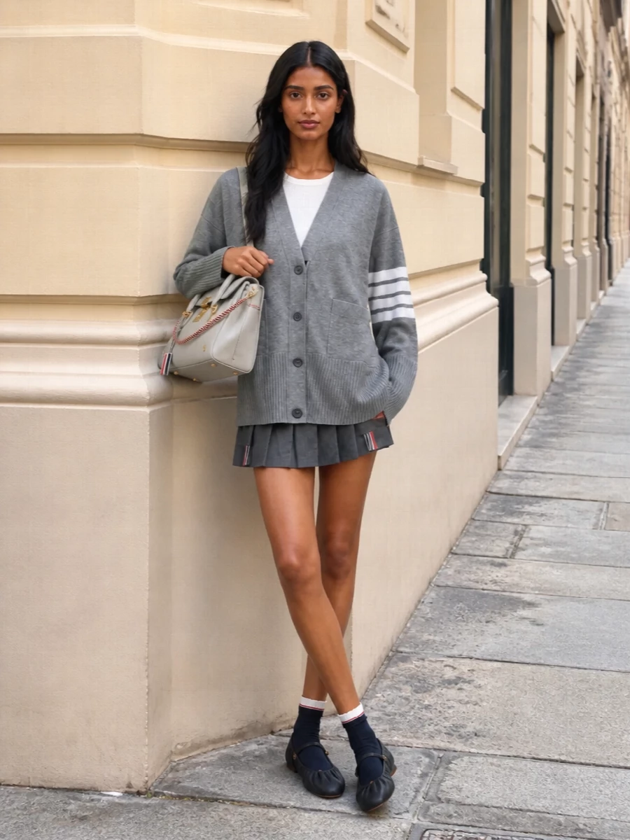 Thom browne grey cardigan pleated mini outfit