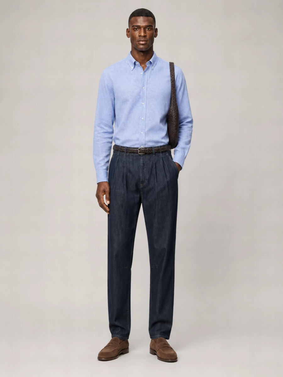 Brunello Cucinelli Denim Pleated Slim-Fit Trousers