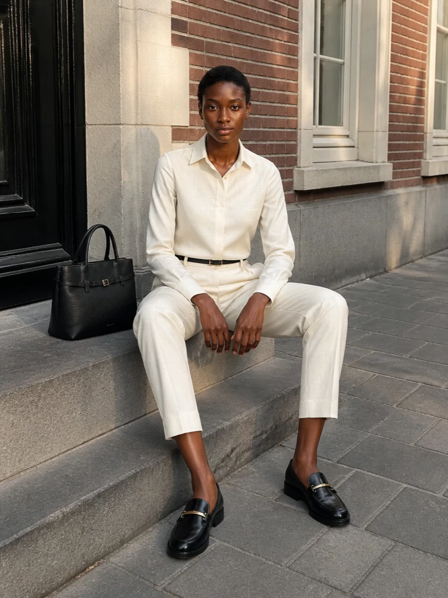 Cream-on-cream tailoring feels intentionally sharp here, with the buttercream trouser and ivory shirt forming a clean, luminous column. Black leather accents at the waist, hand and foot bring just enough contrast, keeping the outfit boardroom ready yet soft in mood. It is a quietly confident uniform that moves from client meetings to dinner without needing a change of pieces, only perhaps a touch of jewelry or a lipstick shift.
