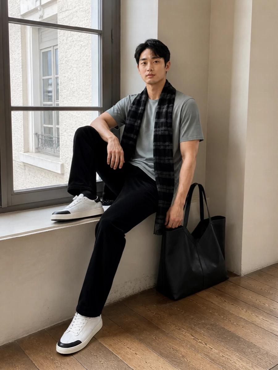 A soft grey Saint Laurent tee sits over black corduroy straight-legs for a quiet, tactile take on monochrome FW dressing. Clean white-and-black low-top sneakers and an architectural black tote keep the silhouette crisp and urban, while the charcoal check scarf introduces a subtle grunge nuance that still feels refined and understated. The result is an easy, Parisian off-duty uniform that reads luxurious without trying too hard.