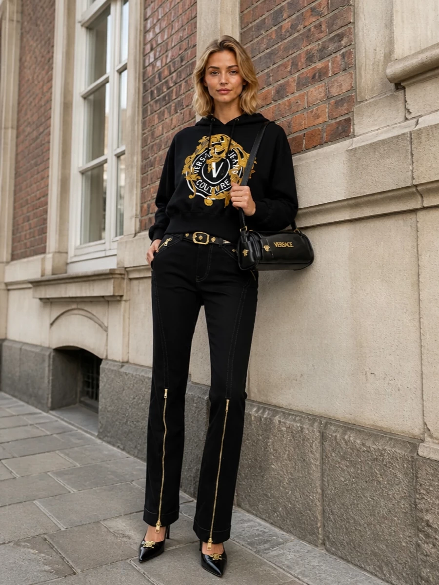 Versace black baroque hoodie slim zip pants outfit