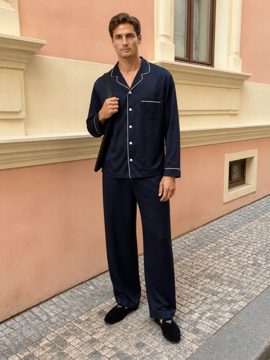 Tekla navy pajamas giorgio armani wide leg trouser