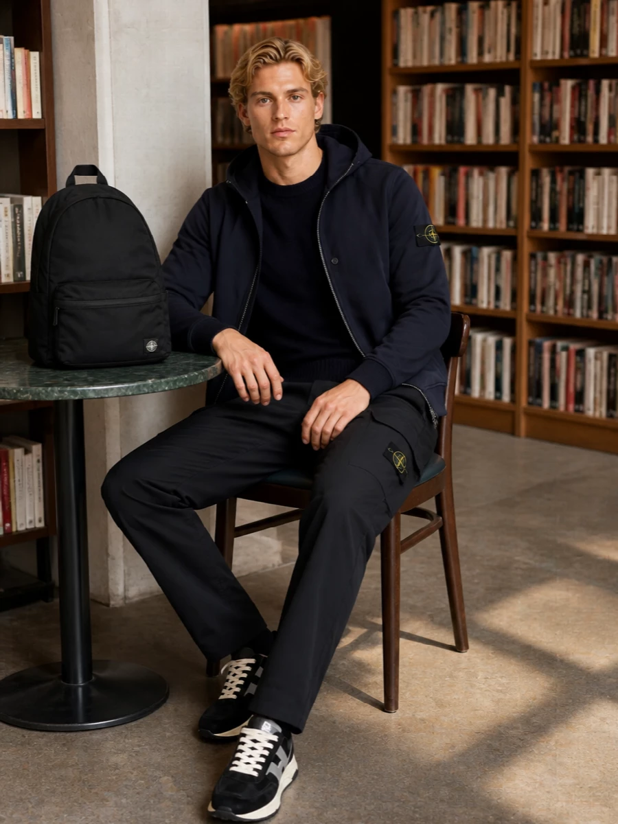 Stone island navy jacket cargo trousers outfit