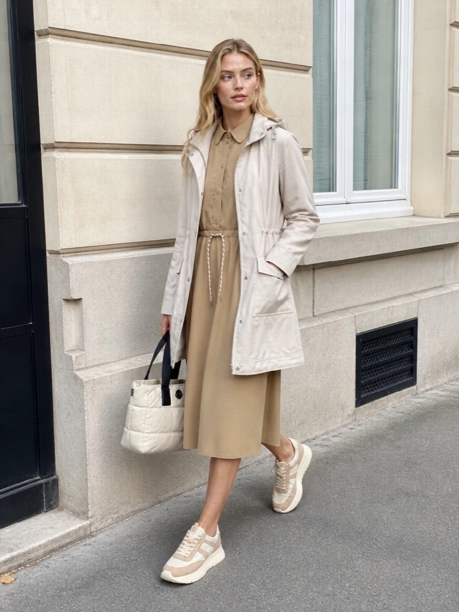 Moncler camel shirt dress parka outfit