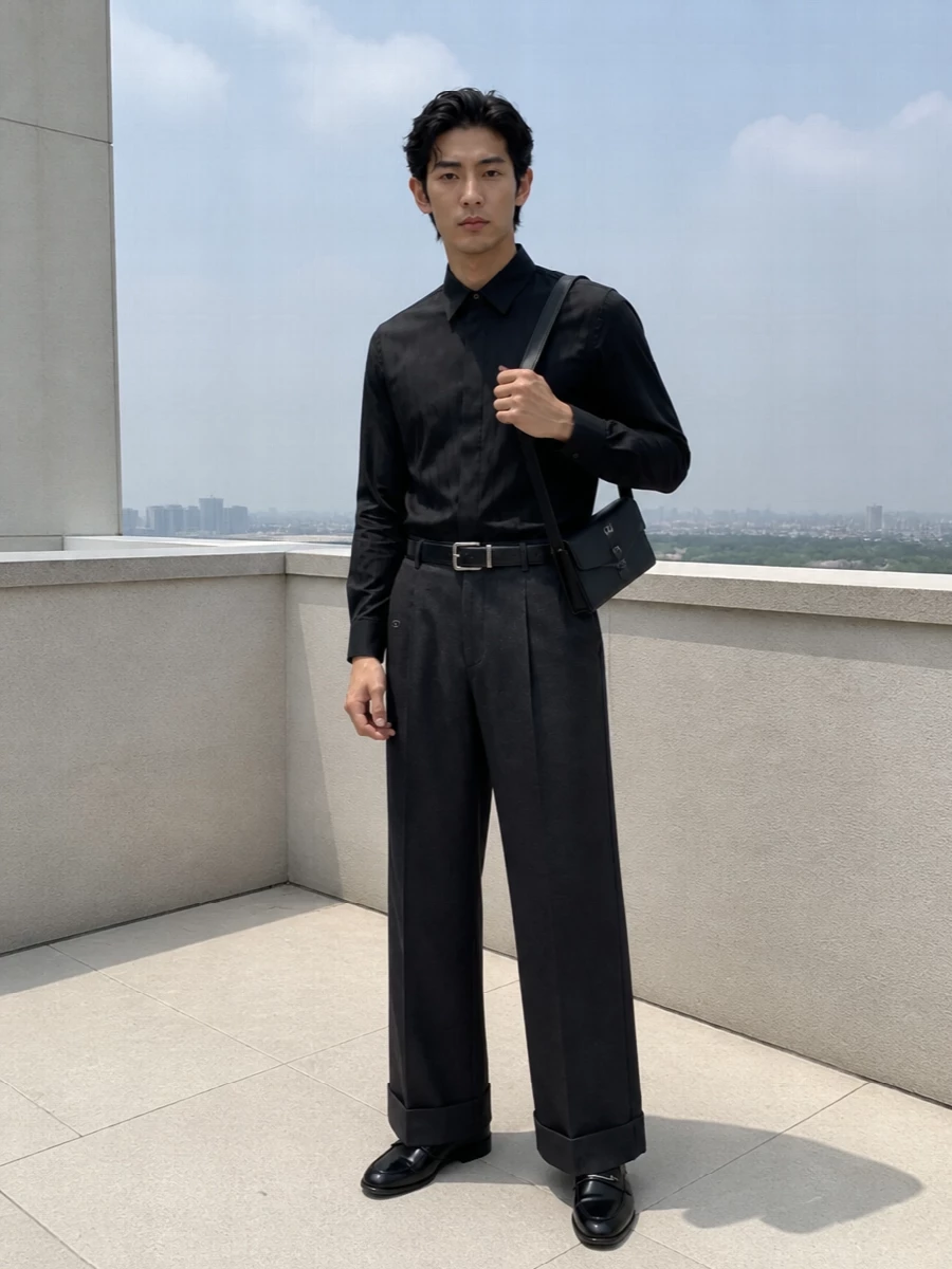 Valentino charcoal trousers black shirt outfit