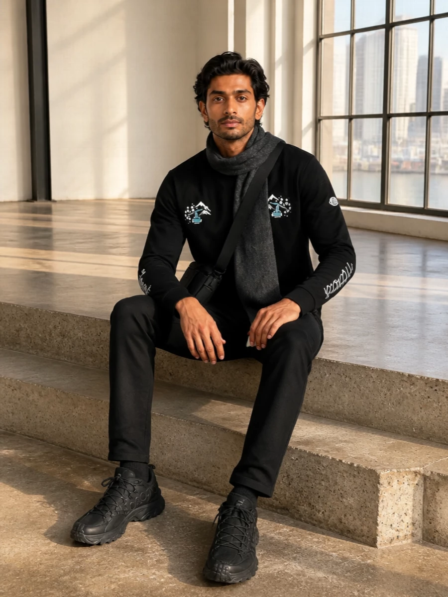 Moncler alpine graphic tee black jeans sneakers
