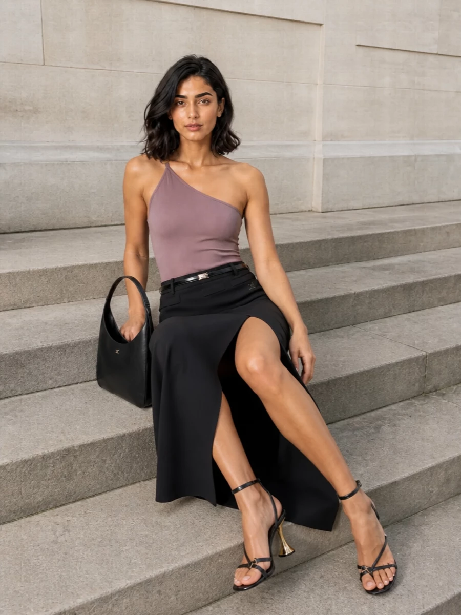 Coperni bodysuit courreges black maxi skirt outfit
