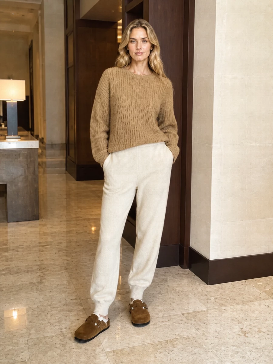 This is a soft, tonal knit pairing built around the shearling clog, with camel and oatmeal shades that feel calm and considered. The boxy ribbed sweater and relaxed jogger create a cocooning silhouette that still reads curated, perfect for at-home days that spill into low-key errands. The suede tote keeps everything in the same tactile, neutral family so the whole outfit feels intentional rather than just casual.