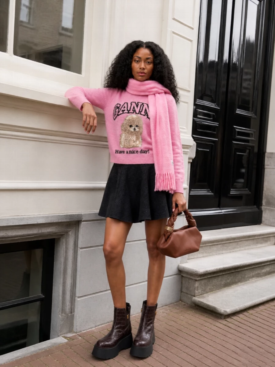 Ganni pink puppy sweater charcoal mini skirt outfit