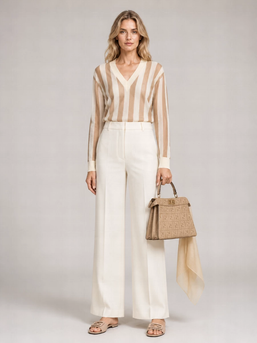Soft vertical lines and a drift of ivory keep the knit and high-rise wide-leg trouser feeling calm and elongated. Nude slides and a structured camel top-handle sharpen the ease just enough, while a sheer butter-beige scarf adds a barely-there layer of texture for quiet, tonal interest.