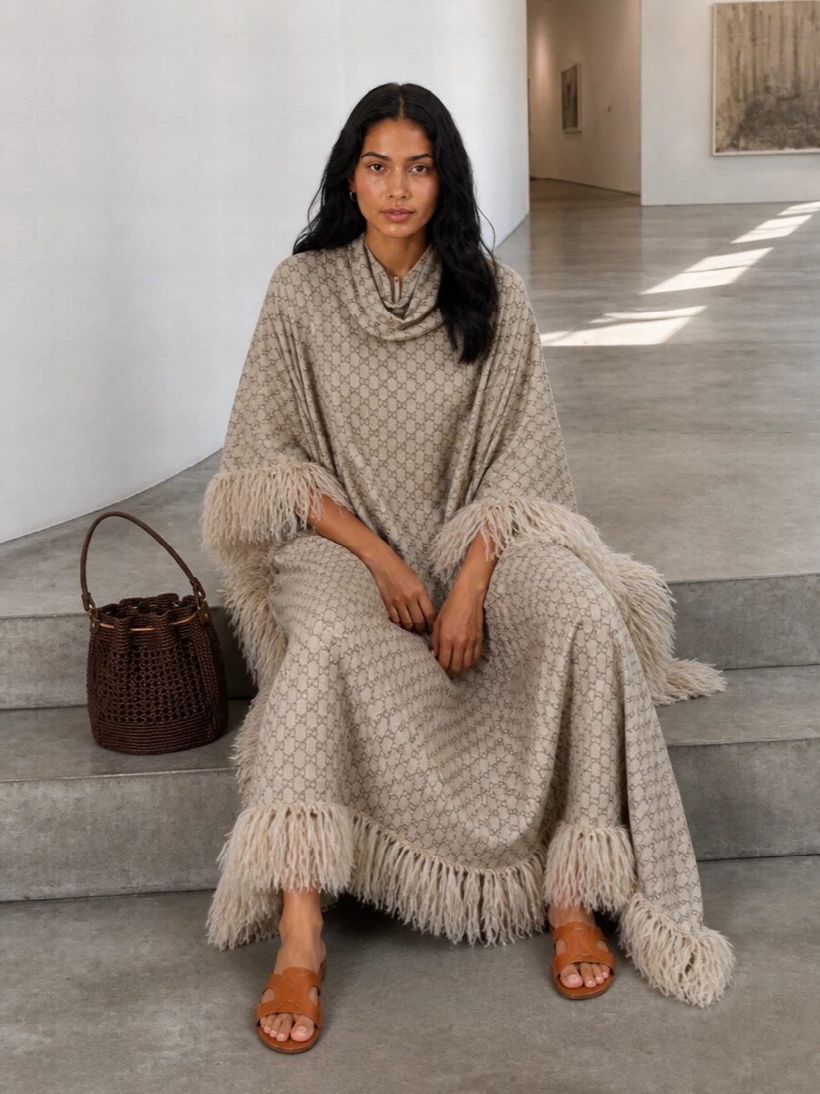 Gucci’s fringed poncho takes center stage, grounded by Celine’s tan slides that keep the line long and easy. The Miu Miu woven bucket bag picks up the warm taupe tones and artisanal texture, creating a polished beach-to-terrace pairing that feels quietly indulgent. It is a soft, neutral story that lets the dramatic cocoon shape move without distraction.