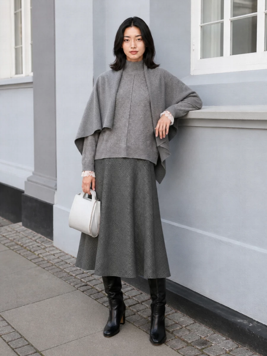 Alberta ferretti grey sweater herringbone midi skirt