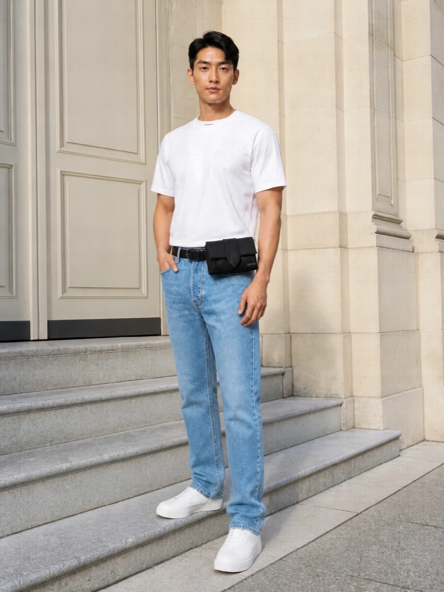 A crisp white Diesel tee sits over light straight-leg denim for a clean, graphic streetwear base. Optic white sneakers keep the palette sharp, while a black belt and Jacquemus belt bag add controlled structure and attitude. The result is relaxed but precise, ideal for city days where you want the branding quiet and the lines clean.