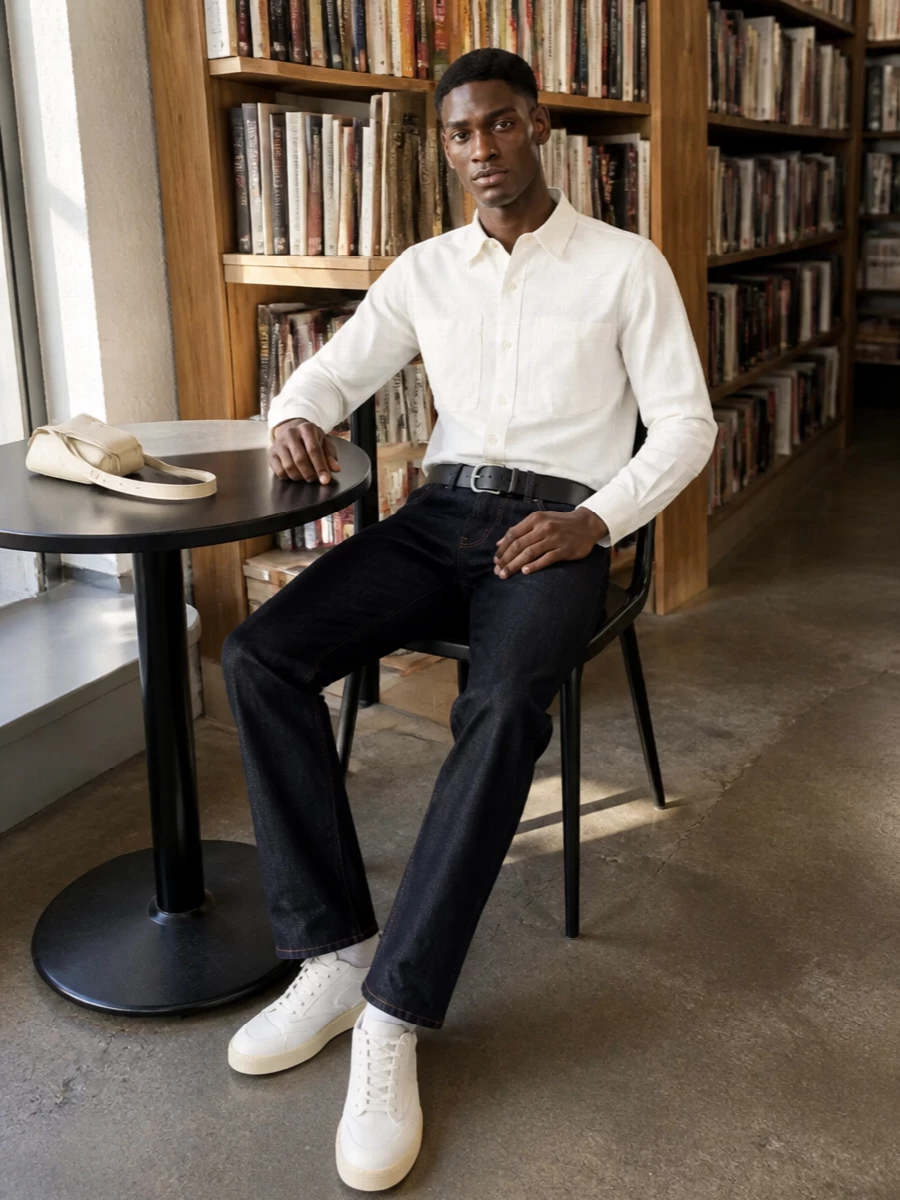 Jil sander dark denim off white shirt outfit