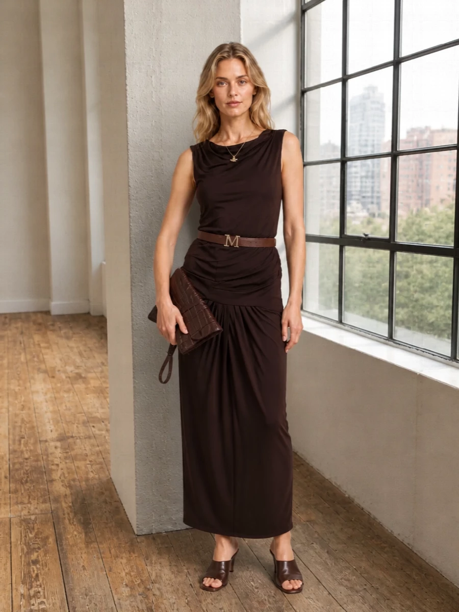 Entire studios brown maxi dress outfit heels