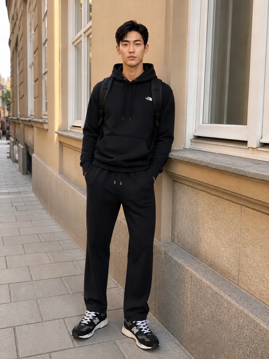 North face black joggers hoodie new balance sneakers