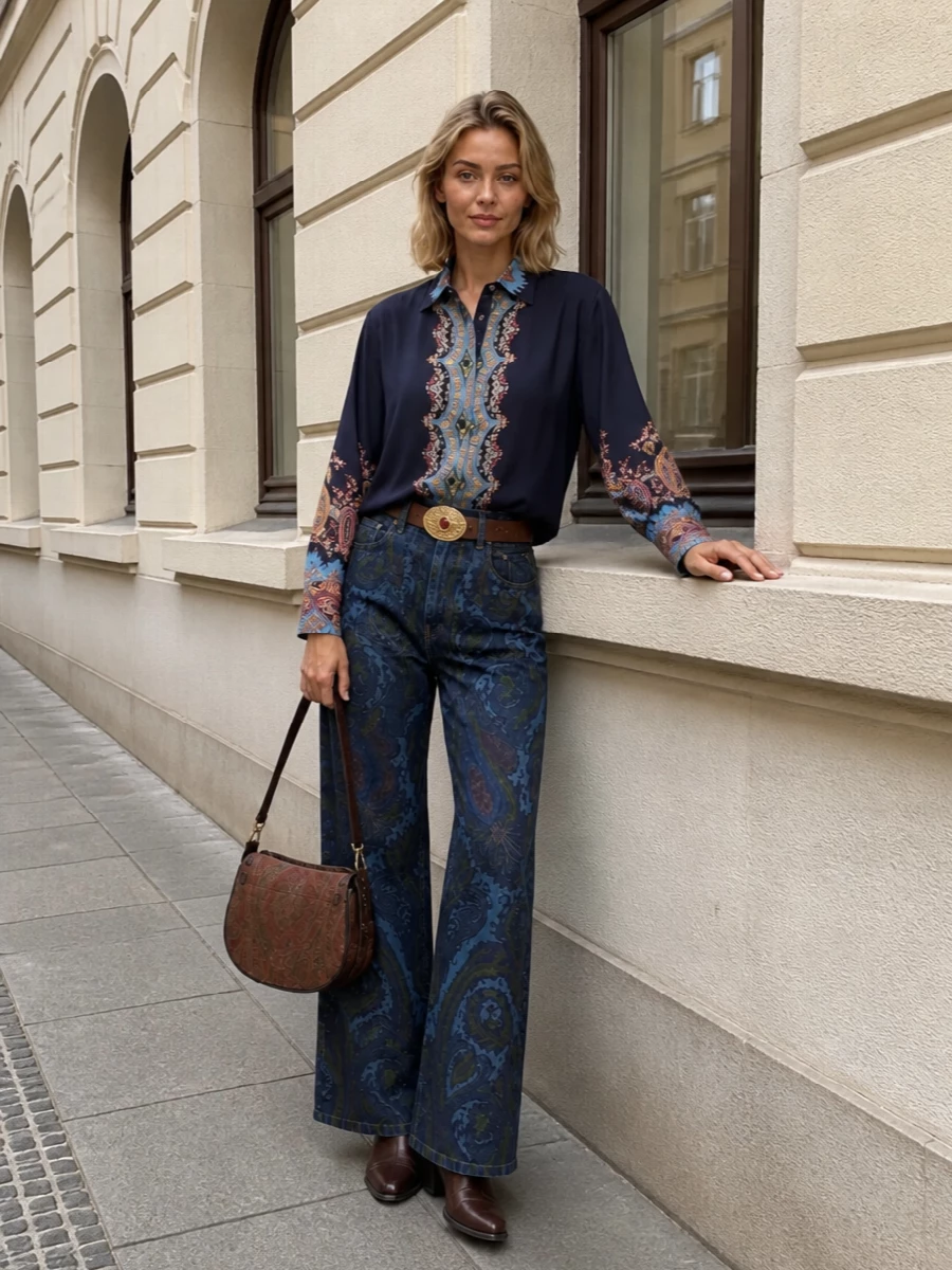 Etro paisley shirt wide leg jeans western boots