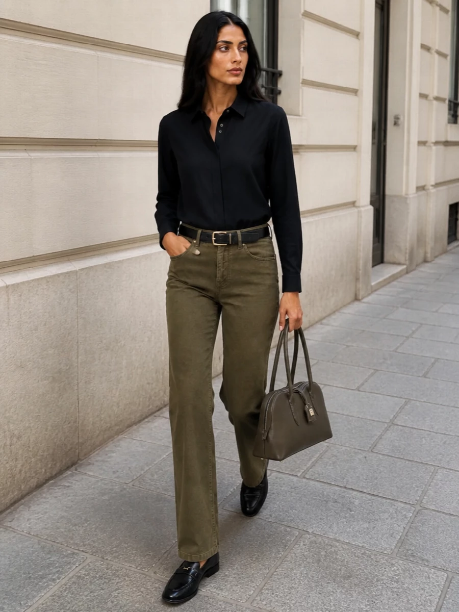 Saint laurent olive trousers black shirt outfit