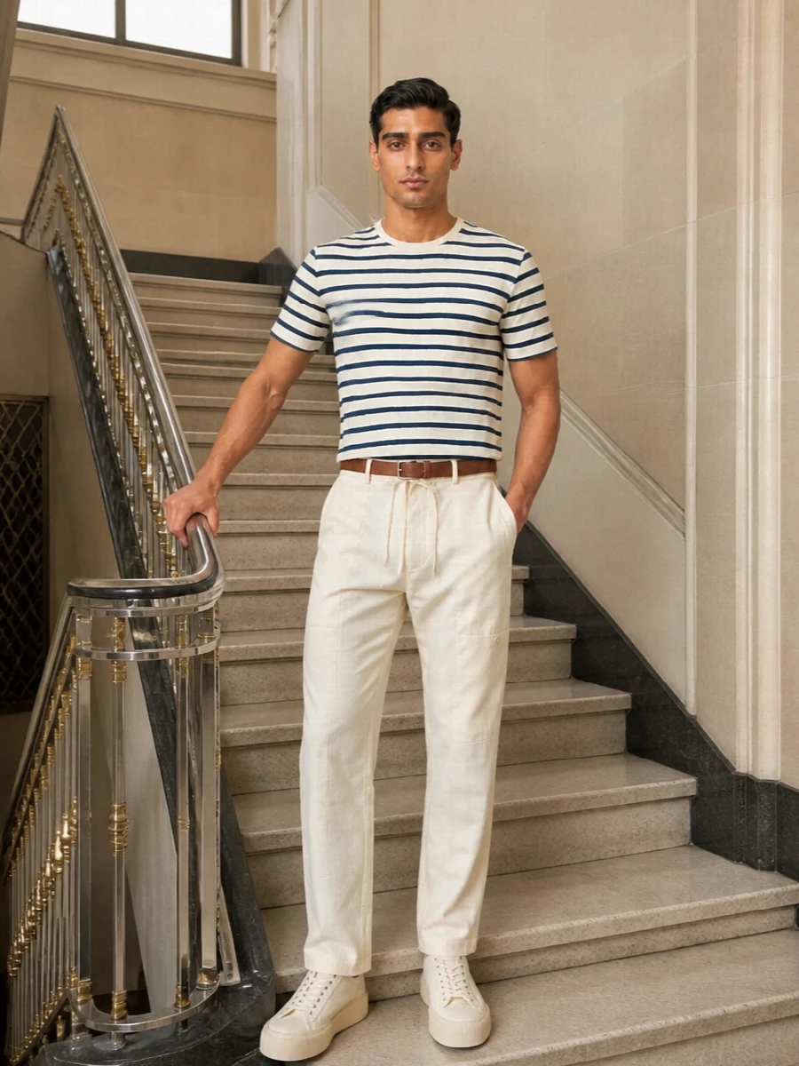 A butter-and-cream Breton tee is paired with clean cream utility trousers for a soft, modern riff on maritime prep. Chunky cream sneakers ground the straight lines without breaking the palette. An off-white canvas tote and tan suede belt add just enough warmth to shift this into an easy city-to-coast uniform.