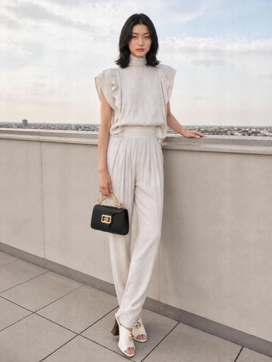 A head-to-toe ivory column lets Lanvin’s sculpted blouse and matching pleated trousers read as one fluid gesture, romantic yet composed. Sculptural mules and a feline-handled black mini bag bring just enough graphic punctuation to keep the softness precise and evening-ready. The result is quiet couture energy that moves effortlessly from terrace dinner to late gallery drinks.
