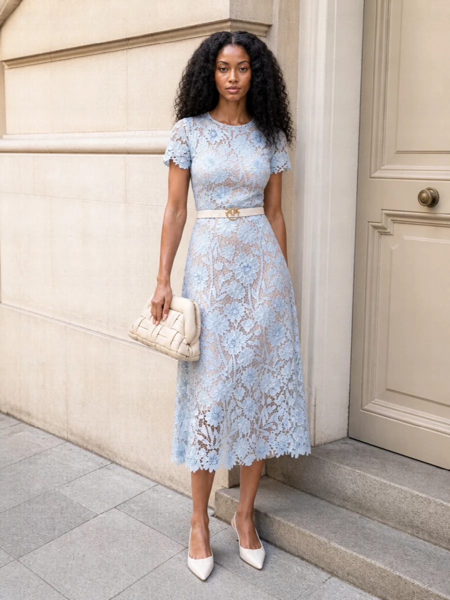 Self portrait blue lace midi dress outfit ideas