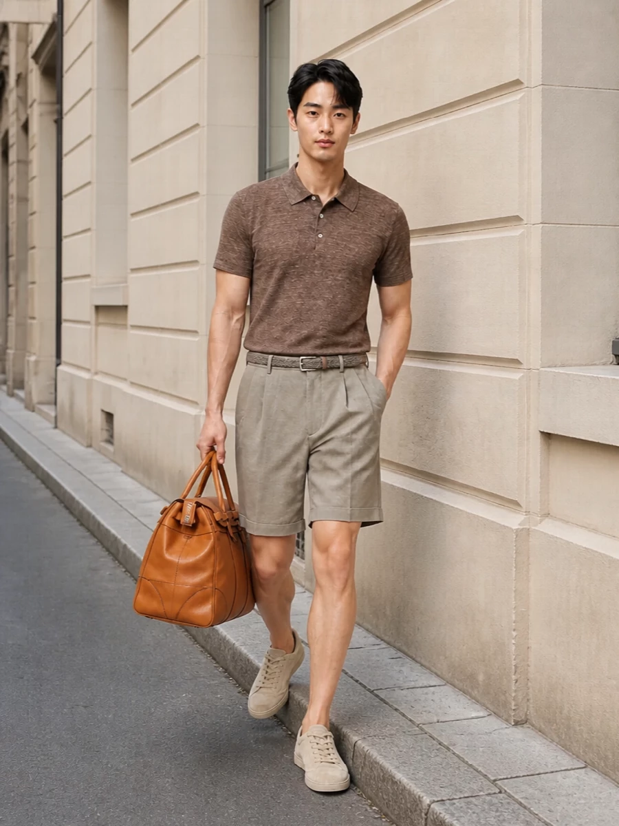 This look leans into sun-softened neutrals: the heathered cocoa polo paired with stone‑khaki tailored shorts feels refined yet effortless for warm days. Light beige suede sneakers and a braided taupe belt keep the lines clean and tonal, while the cognac leather weekender adds a discreetly luxurious note for getaways or polished city weekends. The result is a quietly confident SS uniform that’s minimal, preppy and unmistakably high-tier.