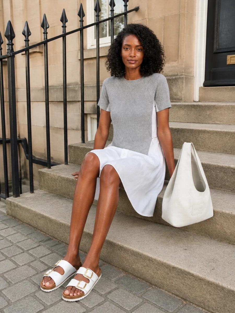 The Sacai shirt dress becomes the anchor here, its white base and heather knit echoing the hobo bag’s soft off-white while adding a subtle streetwear twist. Pairing it with white Birkenstock slides keeps the mood relaxed and city-ready, letting clean lines and gentle volume do the work. This is an easy, modern neutral story that feels polished enough for daytime plans yet relaxed enough for travel and weekends.