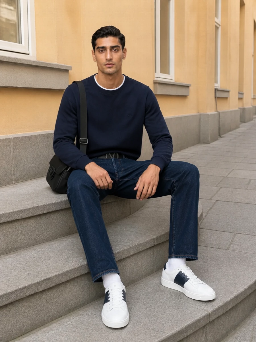 Valentino navy sweatshirt dark indigo jeans sneakers