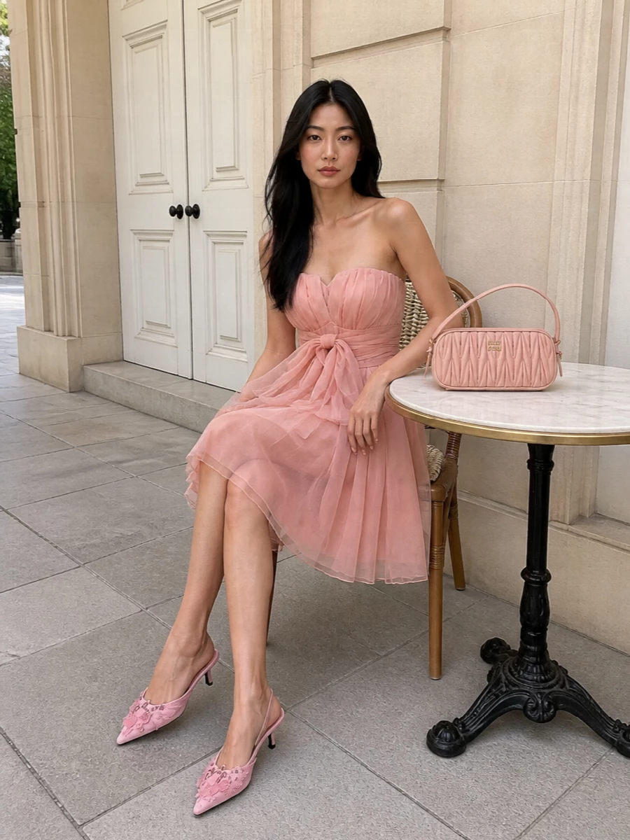 Dolcegabbana blush strapless dress prada pink heels