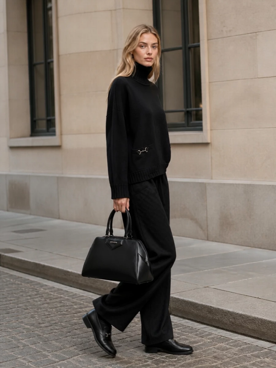 This look leans into a monochrome, FW-ready idea of quiet luxury: fluid GG-jacquard wide-leg trousers grounded by a cocooning black turtleneck and sleek flat ankle boots. The structured black top-handle bag sharpens the silhouette just enough, keeping the ensemble polished, architectural and effortlessly wearable from day into evening. A tonal scarf adds depth and discretion without disturbing the calm, minimal line.