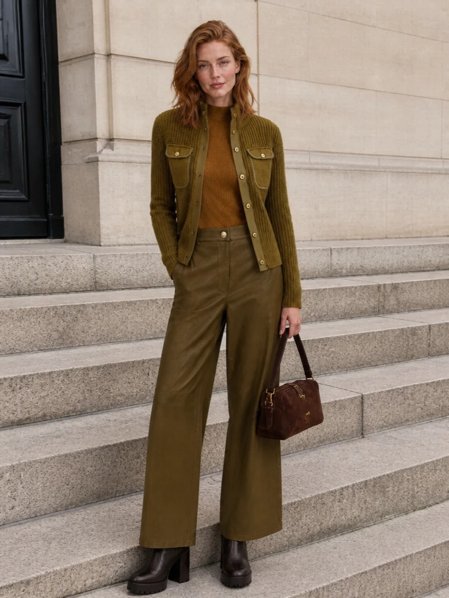 Pinko olive knit jacket wide leg trousers outfit