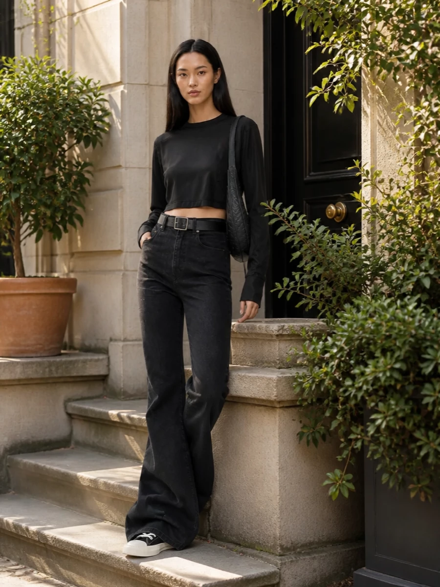 Rick owens black cropped top high waist flares