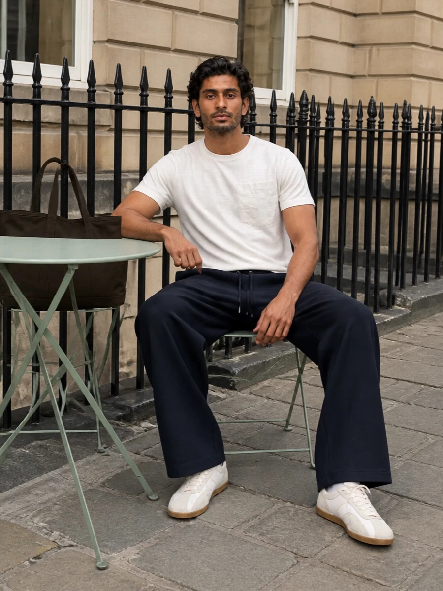 Deep navy wide-leg track pants pair with an off-white Margiela tee for a clean, low-key mix of sport and quiet design detail. Off-white German trainers keep the line relaxed but sharp, with the gum sole echoing the earthy tone of the oversized Visvim tote. The result is an easy city uniform that feels intentionally minimal rather than gym-bound.