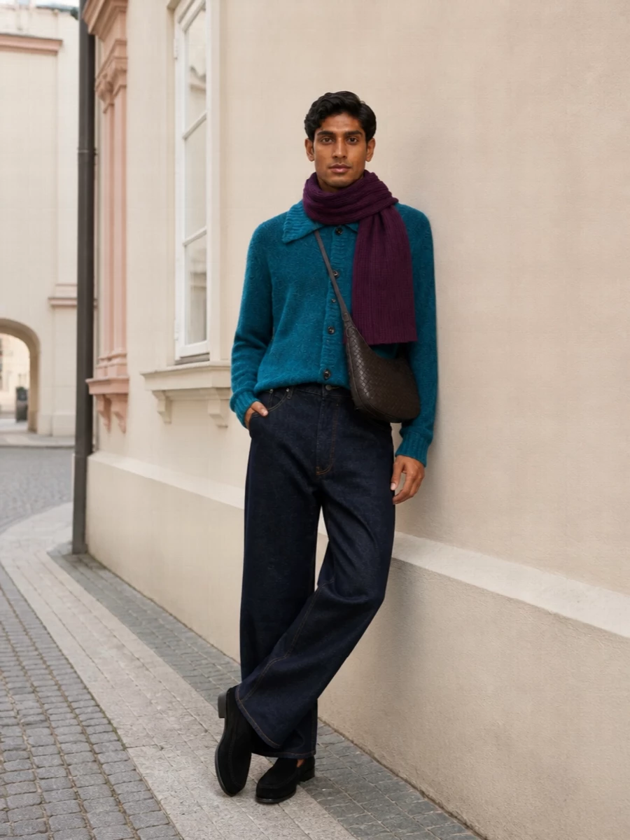 Dries van noten teal cardigan wide leg denim
