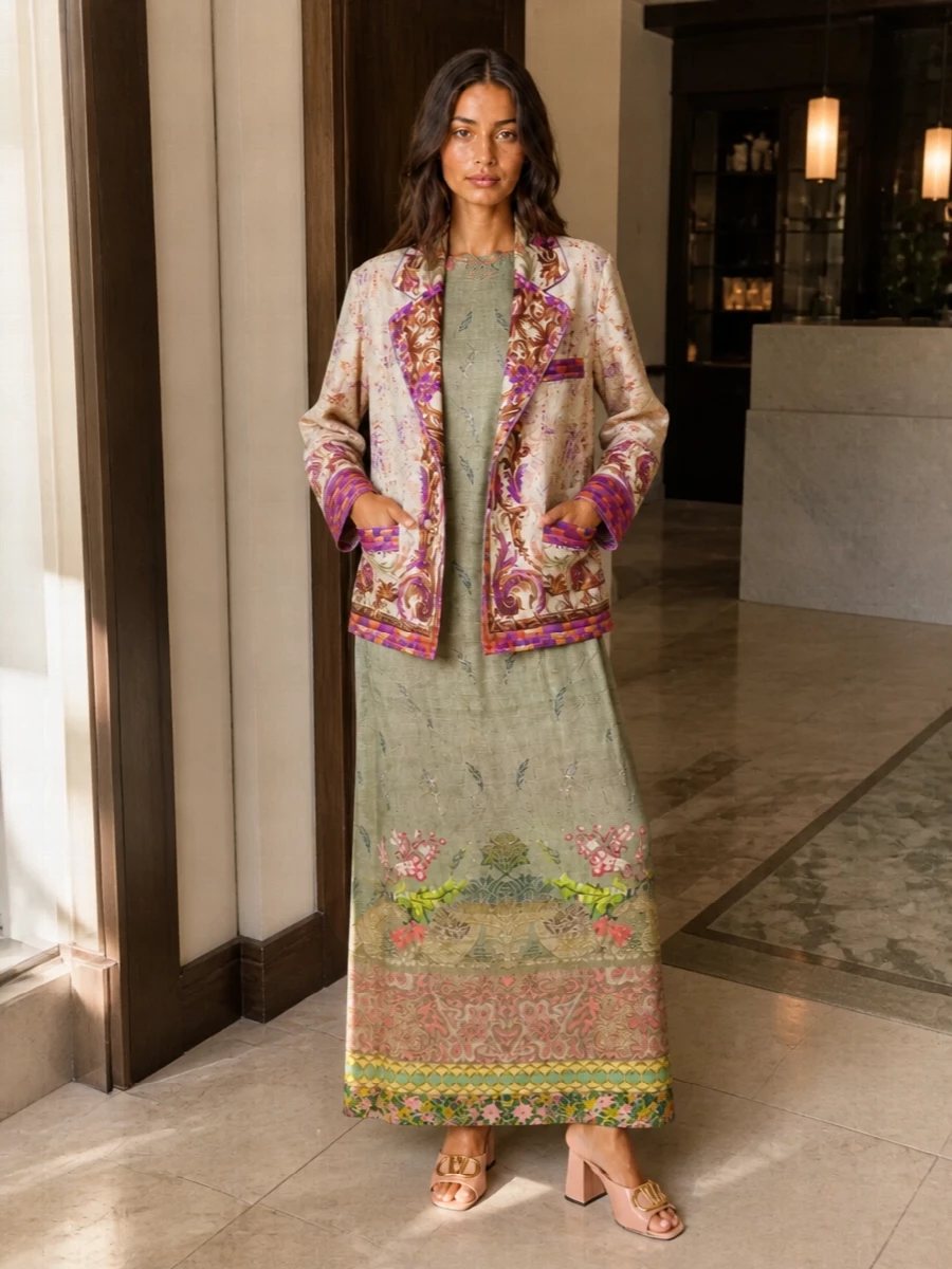 This pairing leans into Pierre Louise Mascia’s romantic, bohemian world, treating the blazer as a silky evening robe over the sage floral maxi shift rather than classic tailoring. The blush Valentino mules and neutral sculpted clutch keep the mood refined and modern, letting the prints read as curated art instead of excess. It is an easy summer occasion ensemble for terrace dinners, gallery openings or destination weddings where you want drama with ease.
