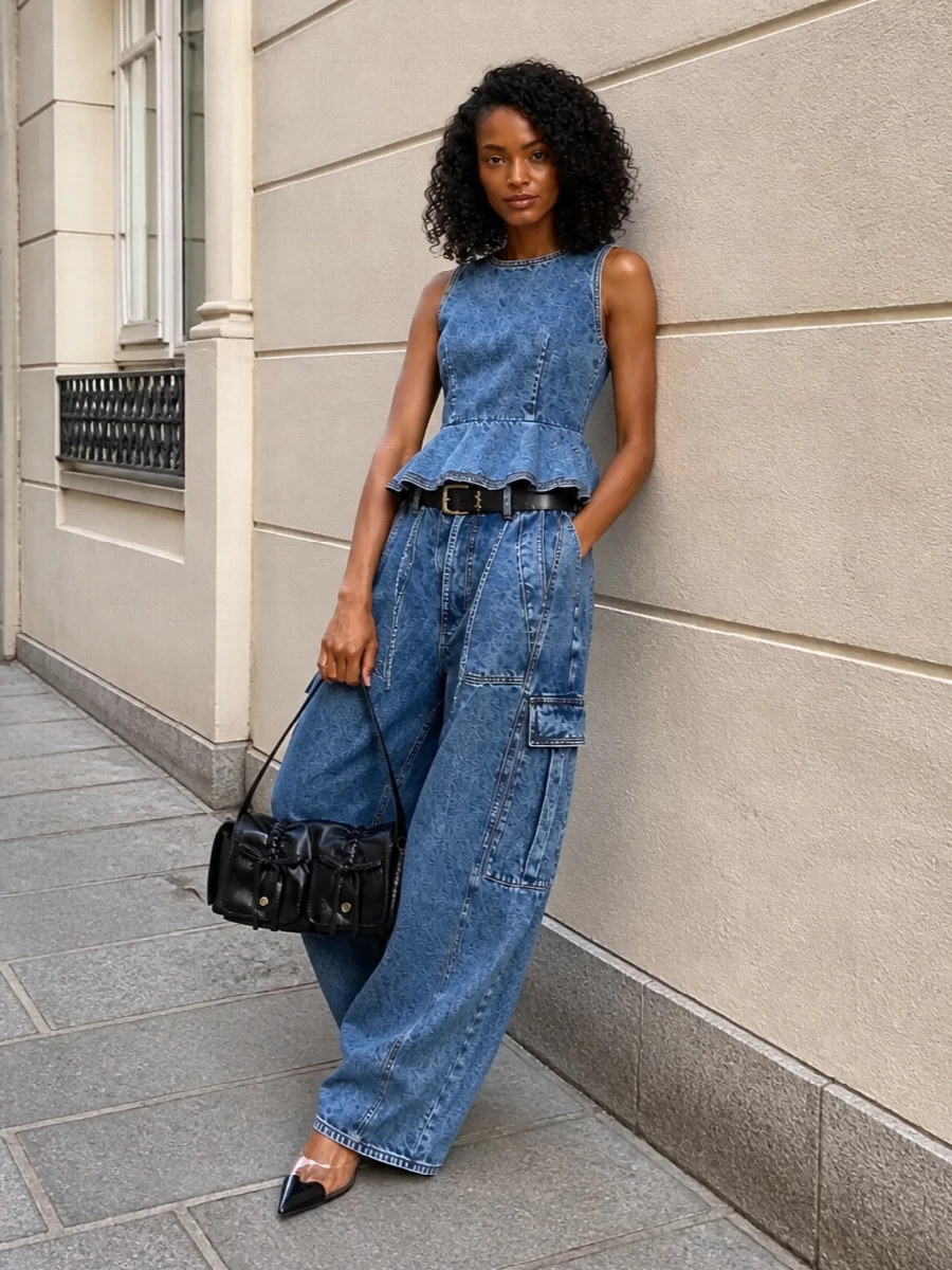This look leans into a sculptural denim statement: Alaïa’s ultra-wide cargo jeans are paired with the matching paneled peplum top for a sharply tailored, couture-grade Canadian tuxedo. Black, clear-strapped pointed mules and a glossy black baguette bag keep the styling minimal yet graphic, while a slim black belt adds just enough definition to sharpen the waist within all that volume. It’s elevated off‑duty with an architectural edge, ready for city evenings and gallery days alike.