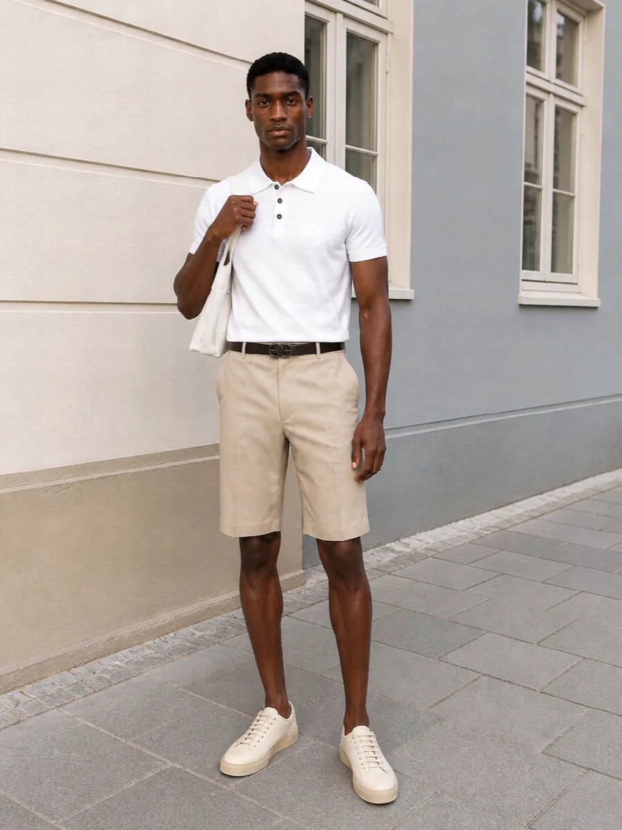 Ferragamo white polo beige shorts cream sneakers