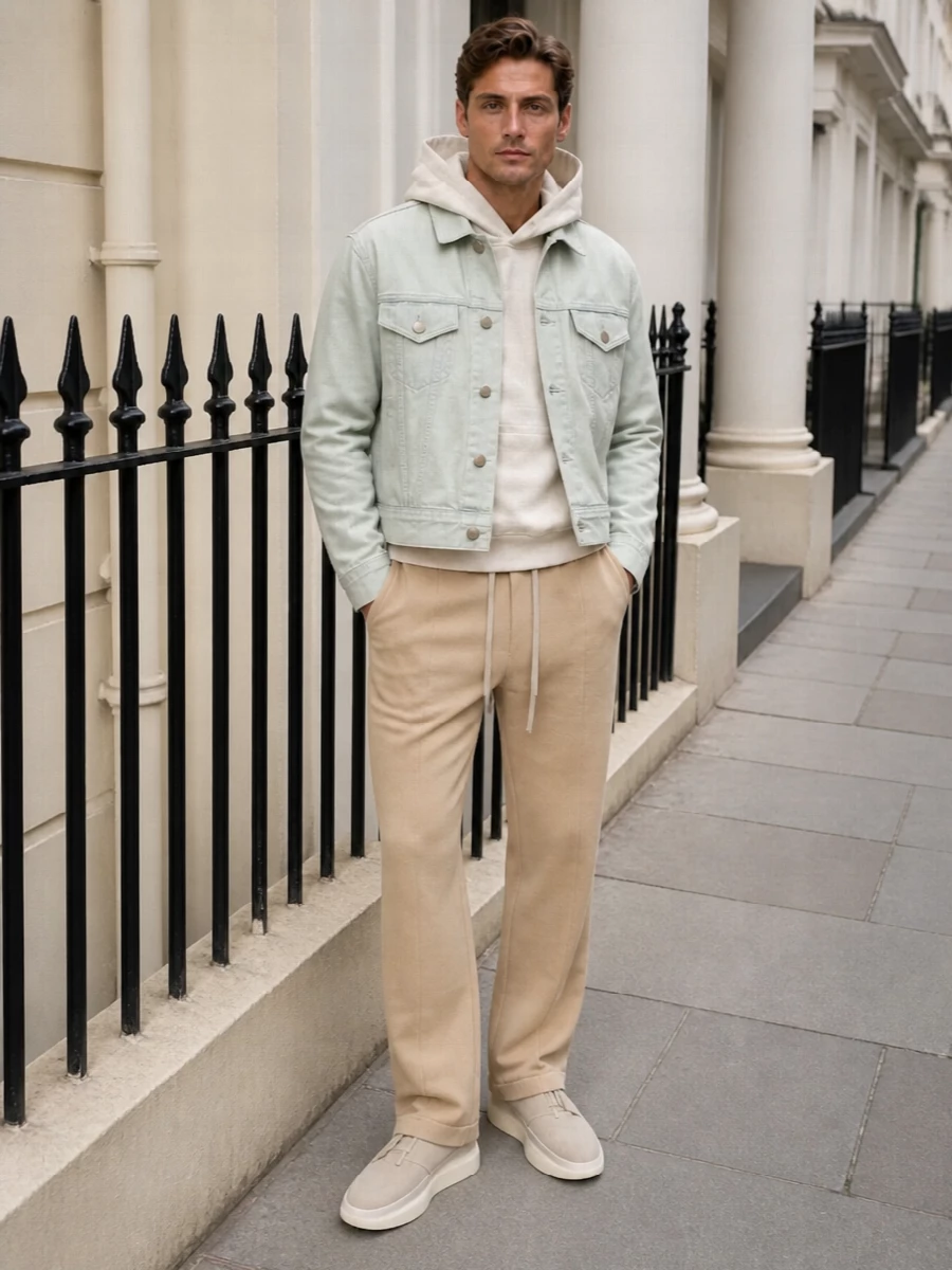 Pale sage denim, oatmeal fleece and camel jersey layer into a soft neutral column that feels calm but intentional. The sculptural sand sneakers and sage duffle quietly echo the palette, keeping everything tonal without feeling flat. It is an off duty uniform that leans into volume on top and clean, straight lines below for a modern, relaxed profile.