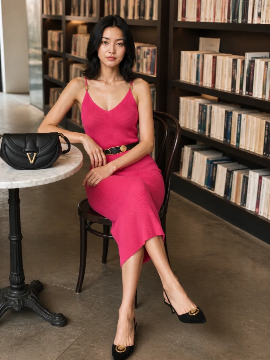 Versace pink midi dress black gold slingbacks